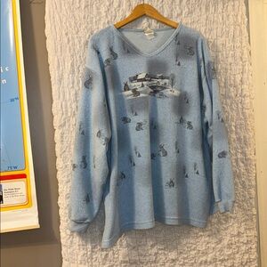 Artisans Sunschein Designs: Vintage V Neck Oversized Top w/Barn, Snow & Rabbits